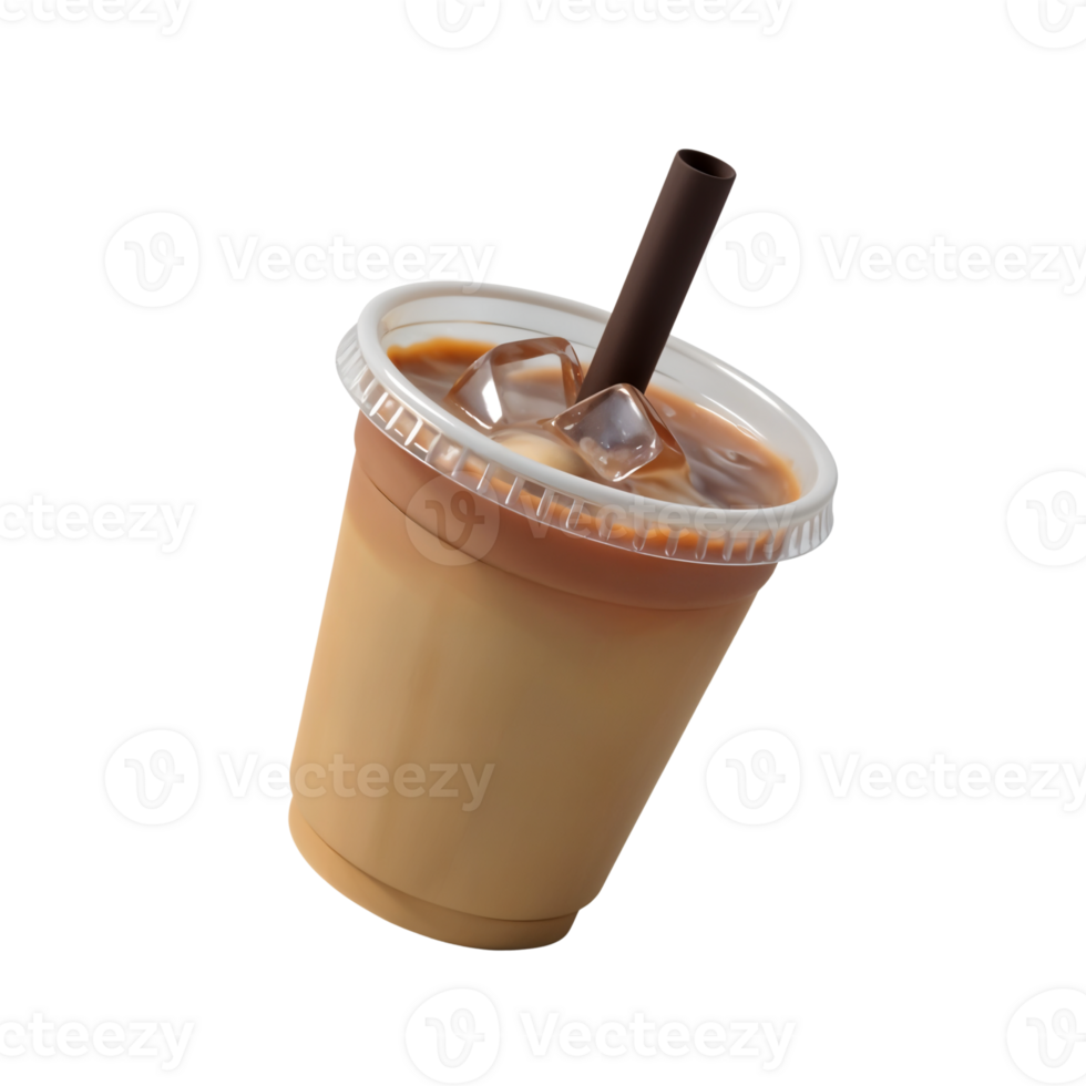 Refreshing iced coffee drink with chocolate straw and ice cubes png