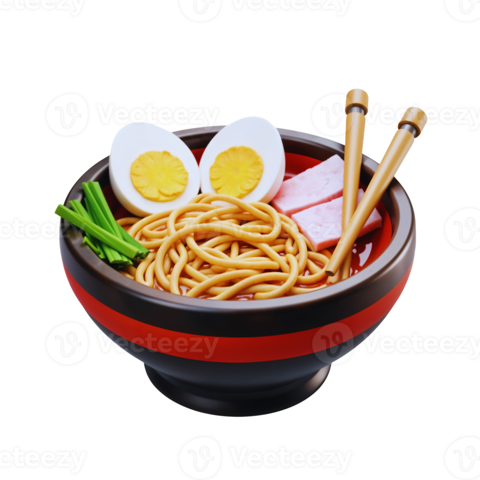 Delicious ramen bowl featuring noodles, eggs and toppings png