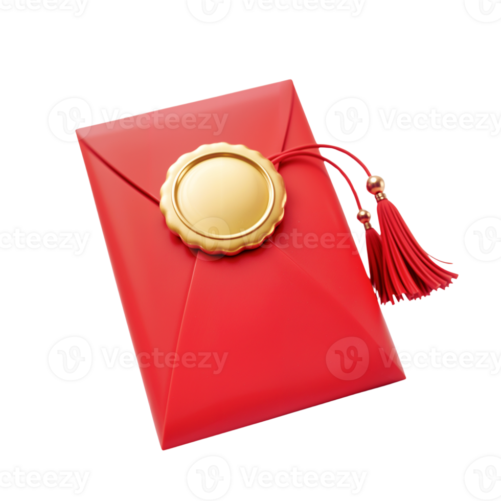 A striking red envelope features a shiny golden seal and tassel png