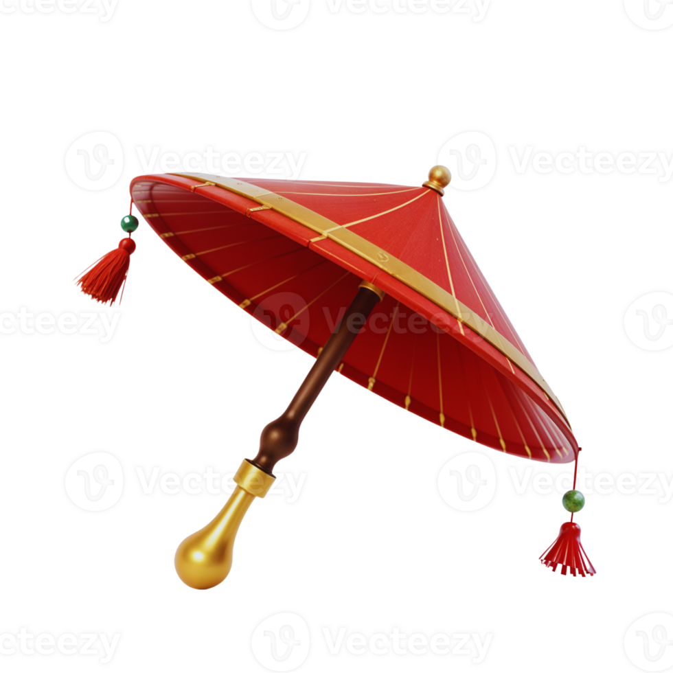 Colorful red umbrella with decorative tassels and trim png
