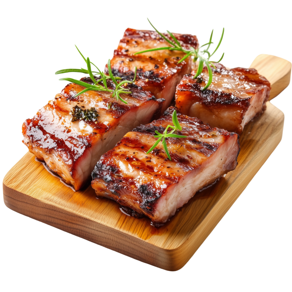 Grilled pork ribs on a wooden cutting board png