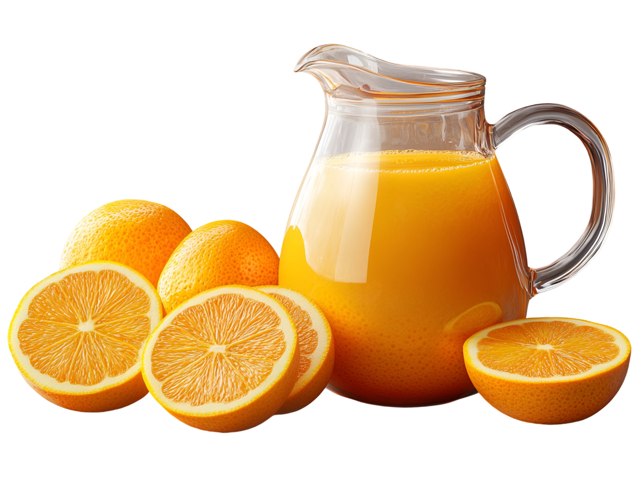 A pitcher of orange juice and a bunch of oranges png
