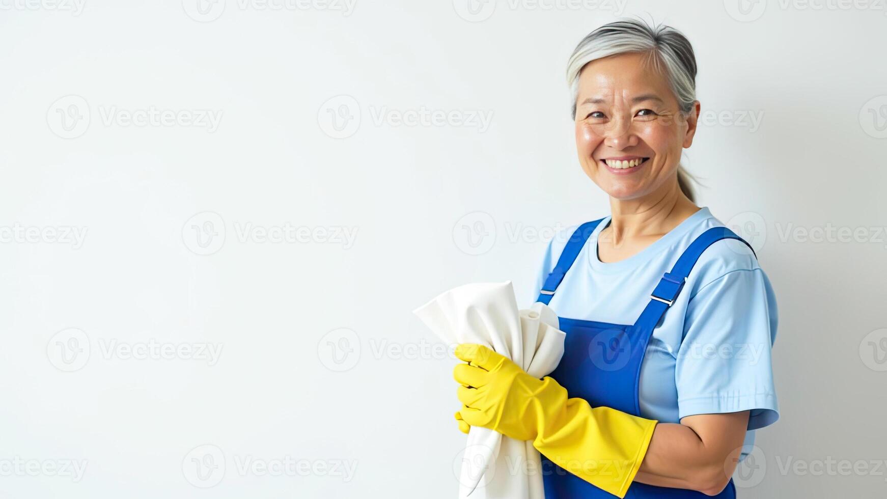 Portrait adult Asian Woman blue apron yellow rubber gloves with rag in his hand near white wall with free place for text, window cleaning service, house cleaning, maid. photo