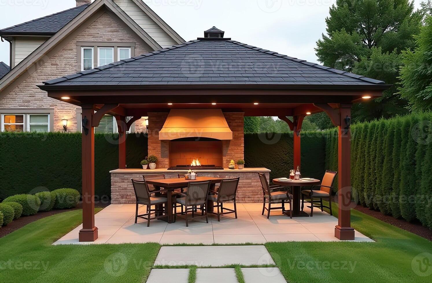 Gazebo with barbecue area in the courtyard of the house with barbecue, stove, table, roof. photo