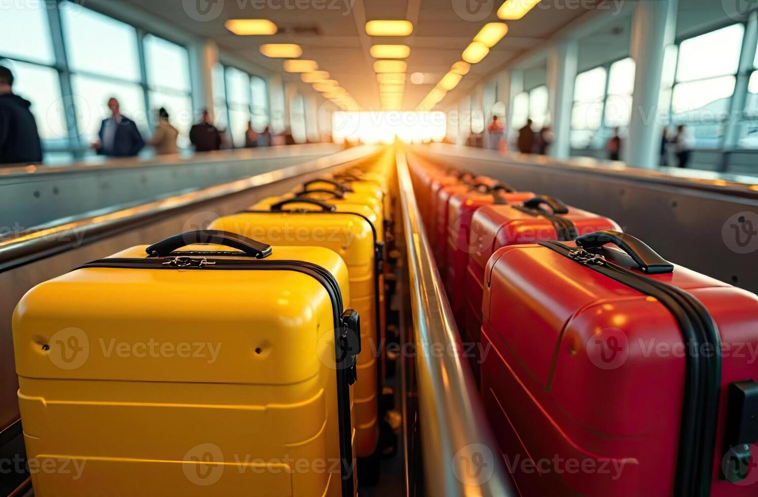 A bunch of yellow and red suitcases at the airport - cargo control, baggage allowance and hand luggage parameters on the plane, security, check-in and delivery of personal belongings. photo