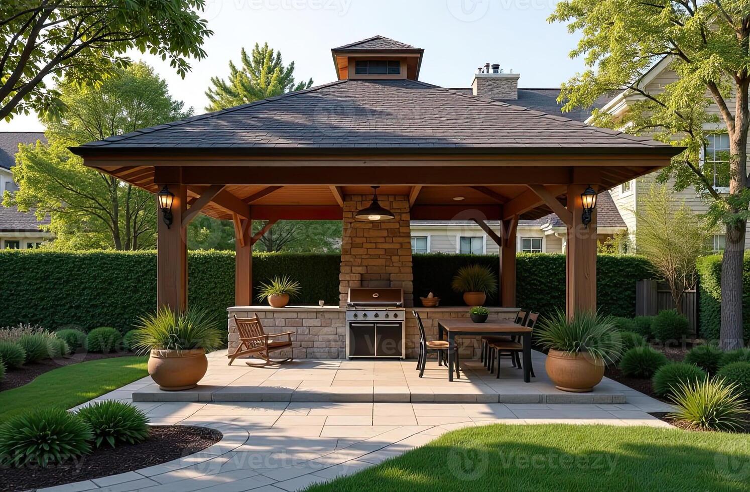 Gazebo with barbecue area in the courtyard of house with barbecue, stove, table, roof. photo