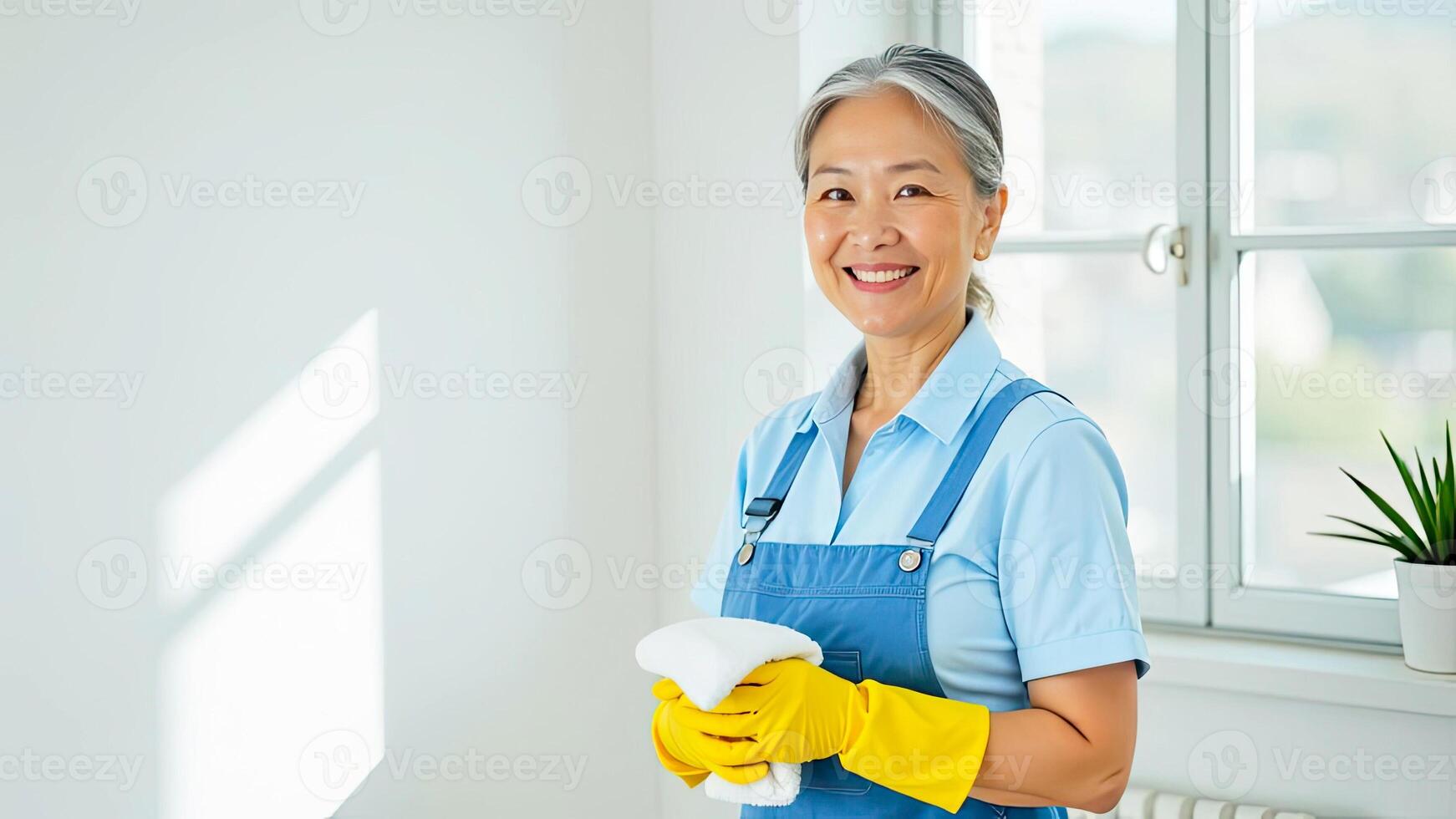 Portrait adult Asian Woman in blue apron and yellow rubber gloves with rag in his hand by window against a white wall, window cleaning service, house cleaning. photo