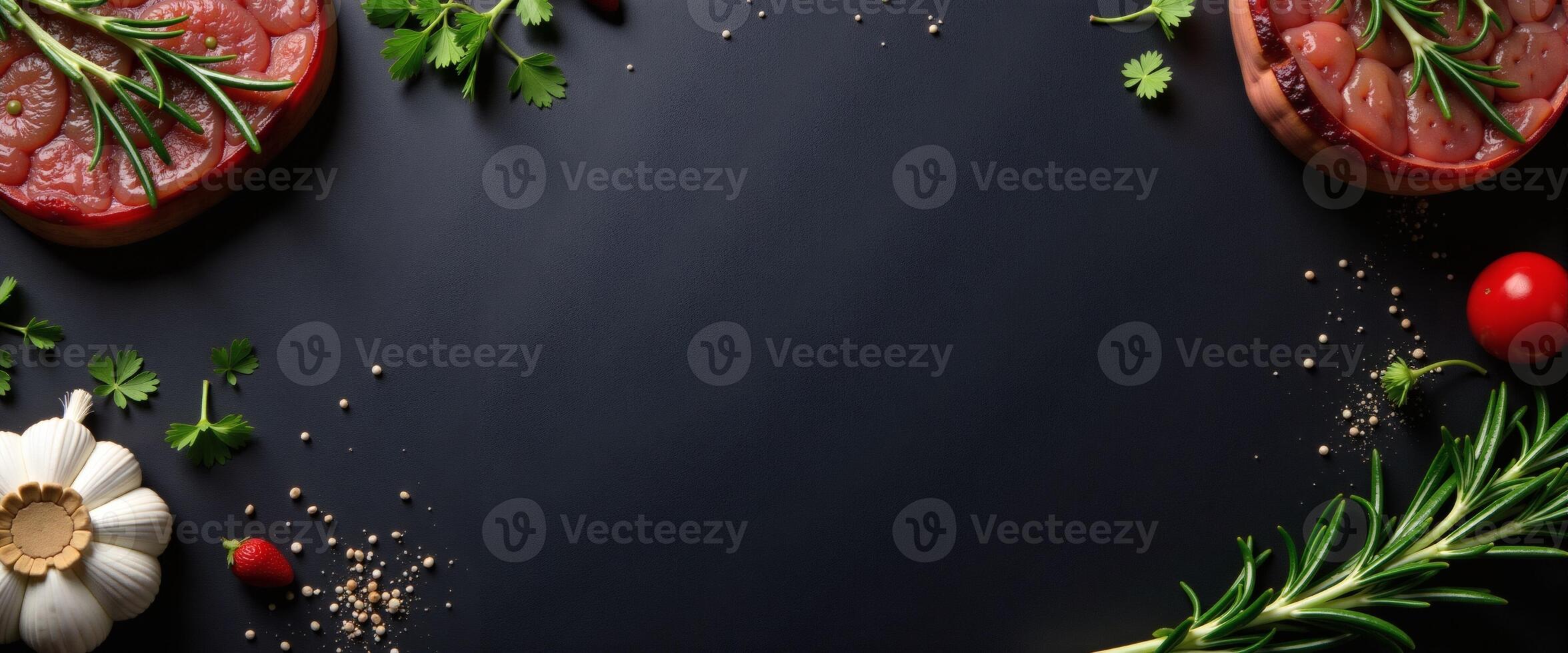 Tomato Tartlets with Rosemary and Parsley on Dark Surface photo