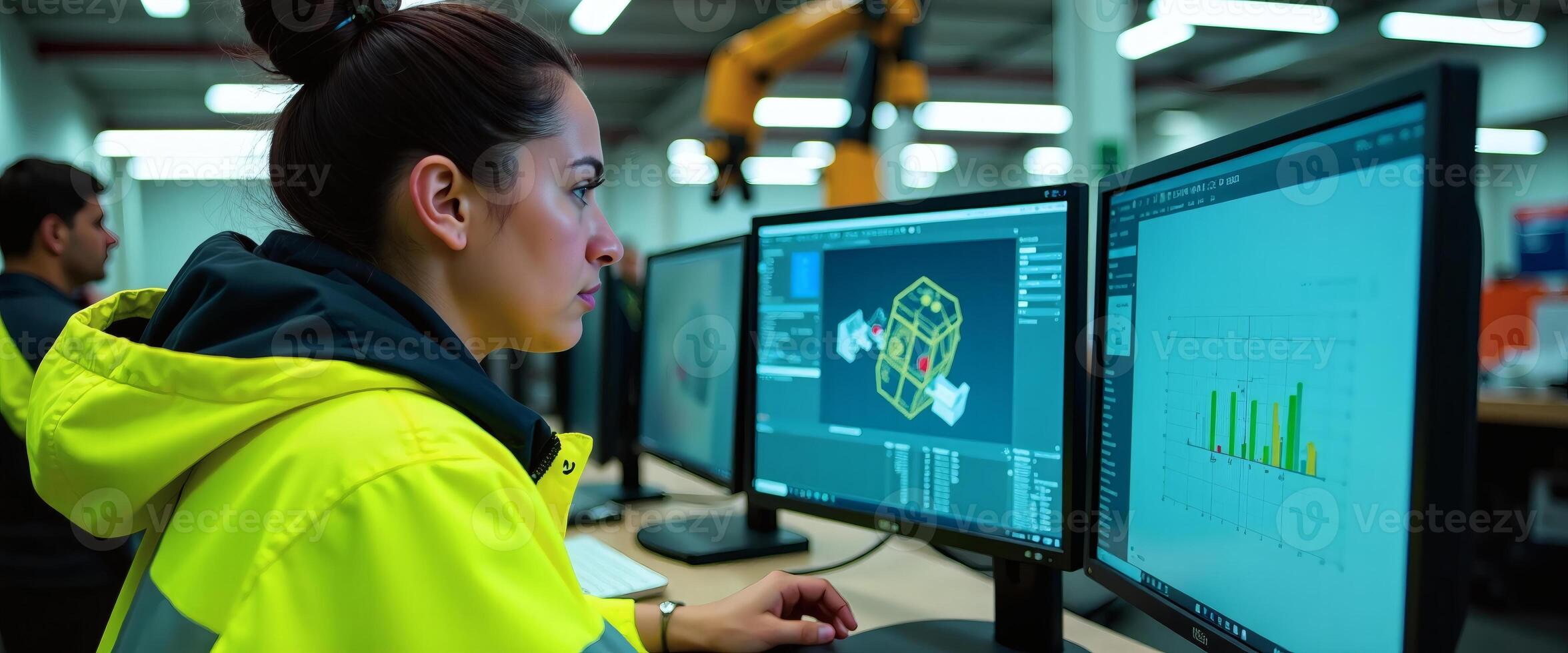Female Engineer Working on Computer in Factory Setting photo