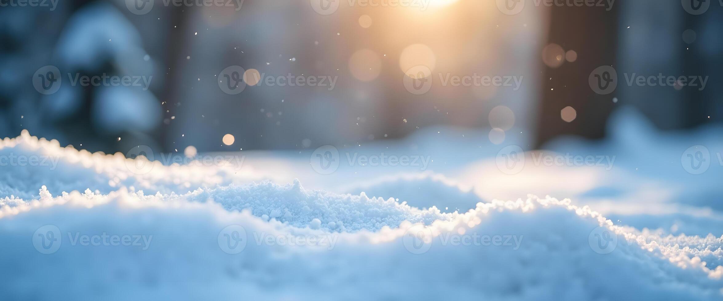 Snowy Landscape With Golden Sunlight And Soft Bokeh photo