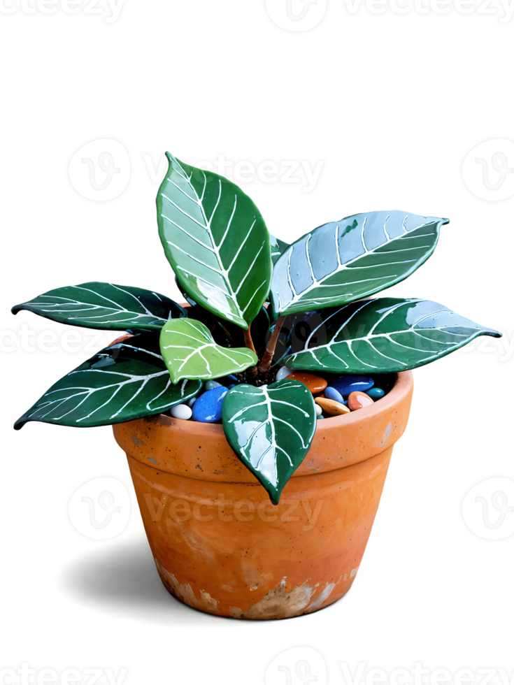 Cast Iron Plant Leaf, dark green and glossy, elegantly placed in a terracotta pot, surrounded by colorful pebbles, creating png