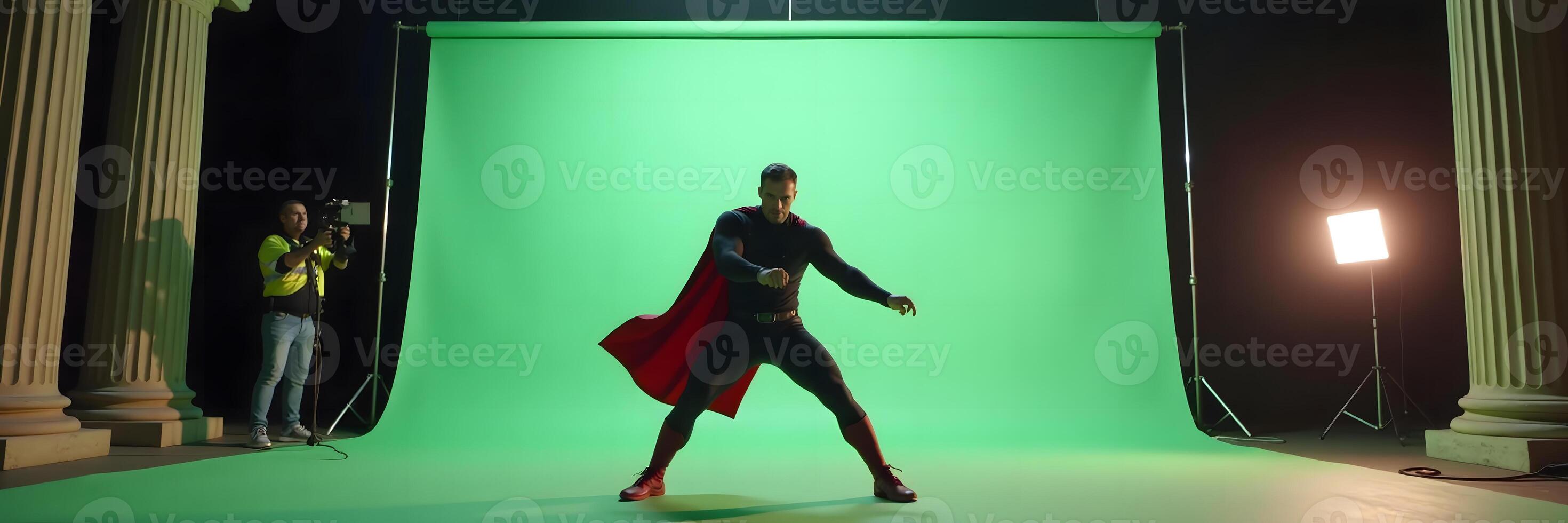 Superhero Poses in Studio with Green Screen Backdrop and Crew photo
