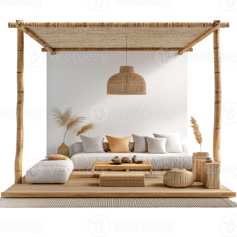 A modern living room with a wooden canopy png