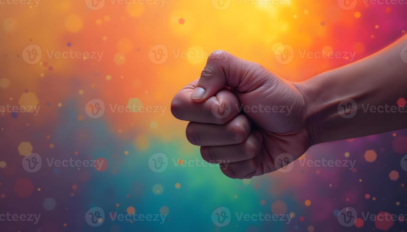Clenched Fist Hand Against Abstract Bokeh Background photo