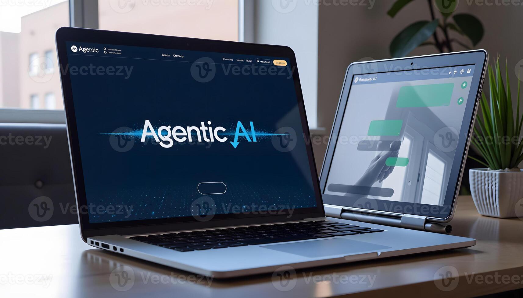 Two Laptops Displaying Agentic AI Interface on Wooden Desk photo
