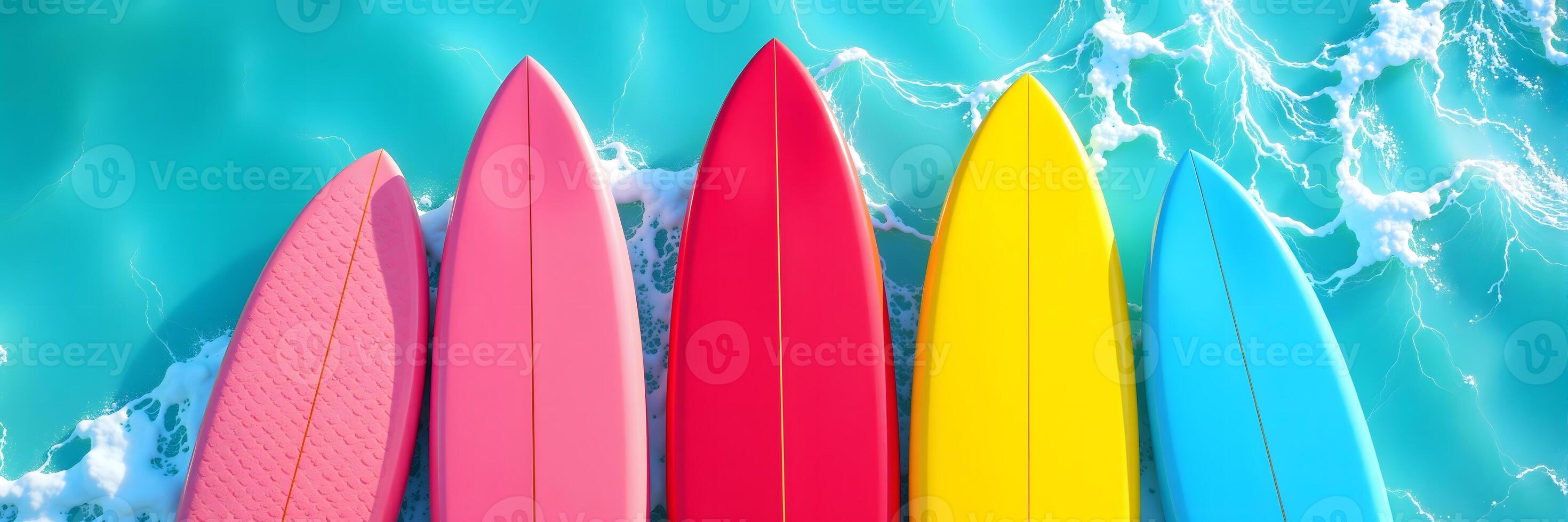 Colorful Surfboards Floating in Ocean Water With White Foam photo