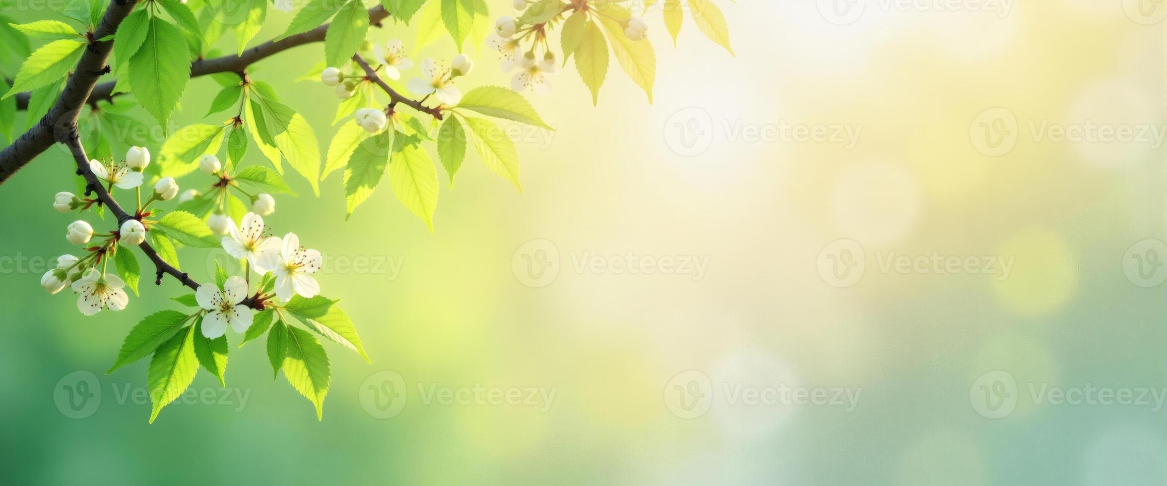 Spring Blossom Branch with Fresh Green Leaves and Sunlight photo