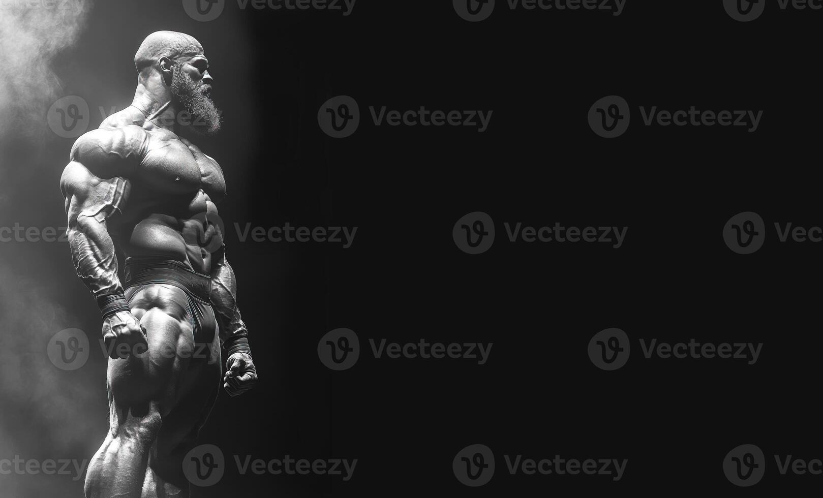 Bodybuilder showcasing impressive physique at competition stage during intense spotlight. Header banner mockup with copy space. photo