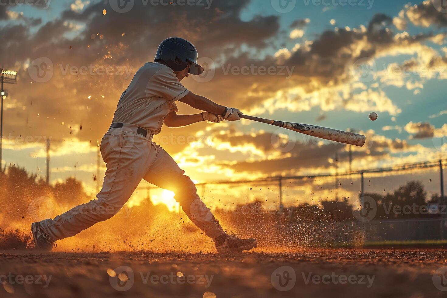 Baseball player swings bat hitting ball at sunset during youth game photo