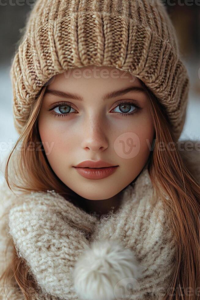 Winter style featuring a cozy knitted hat with a balabon and warm scarf in a snowy setting photo