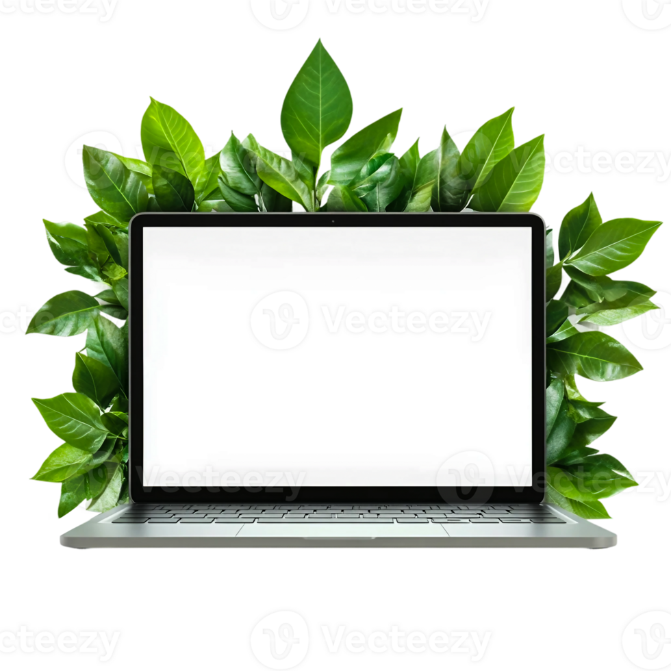 Laptop with Green Leaves Frame Isolated on Transparent Background png