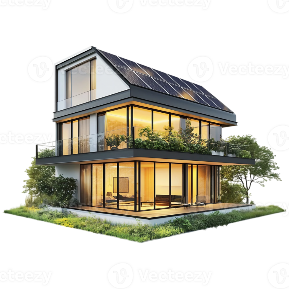 Modern House with Solar Panels on Transparent Background png