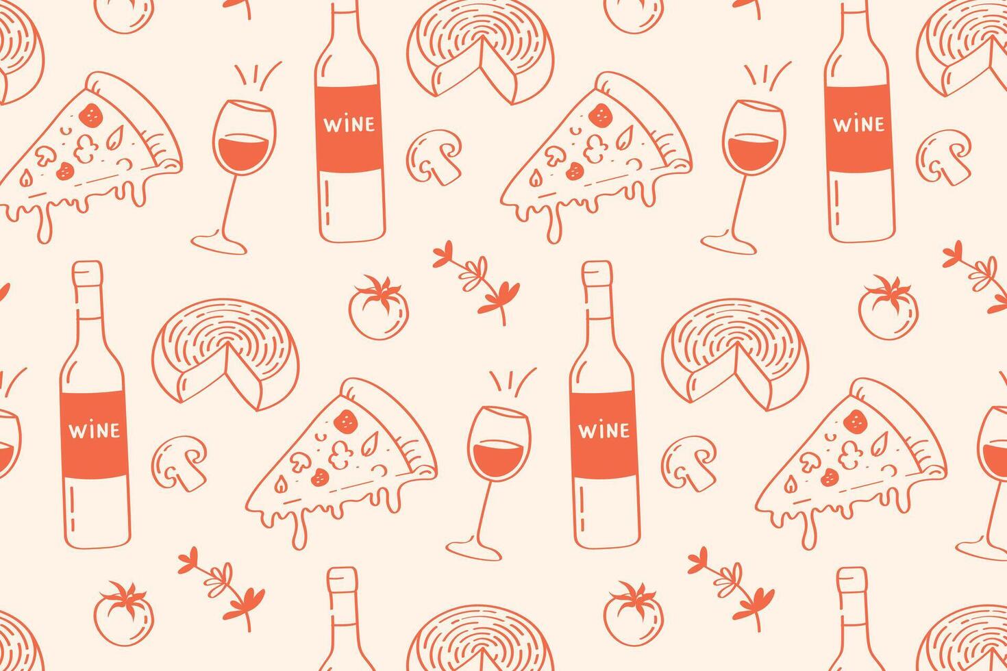 Pizza and wine pattern hand drawn food and drink icons in warm colors vector