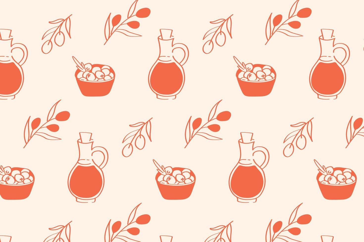 Olive theme pattern hand drawn olive oil, olive bowl and olive branch design in doodle style vector
