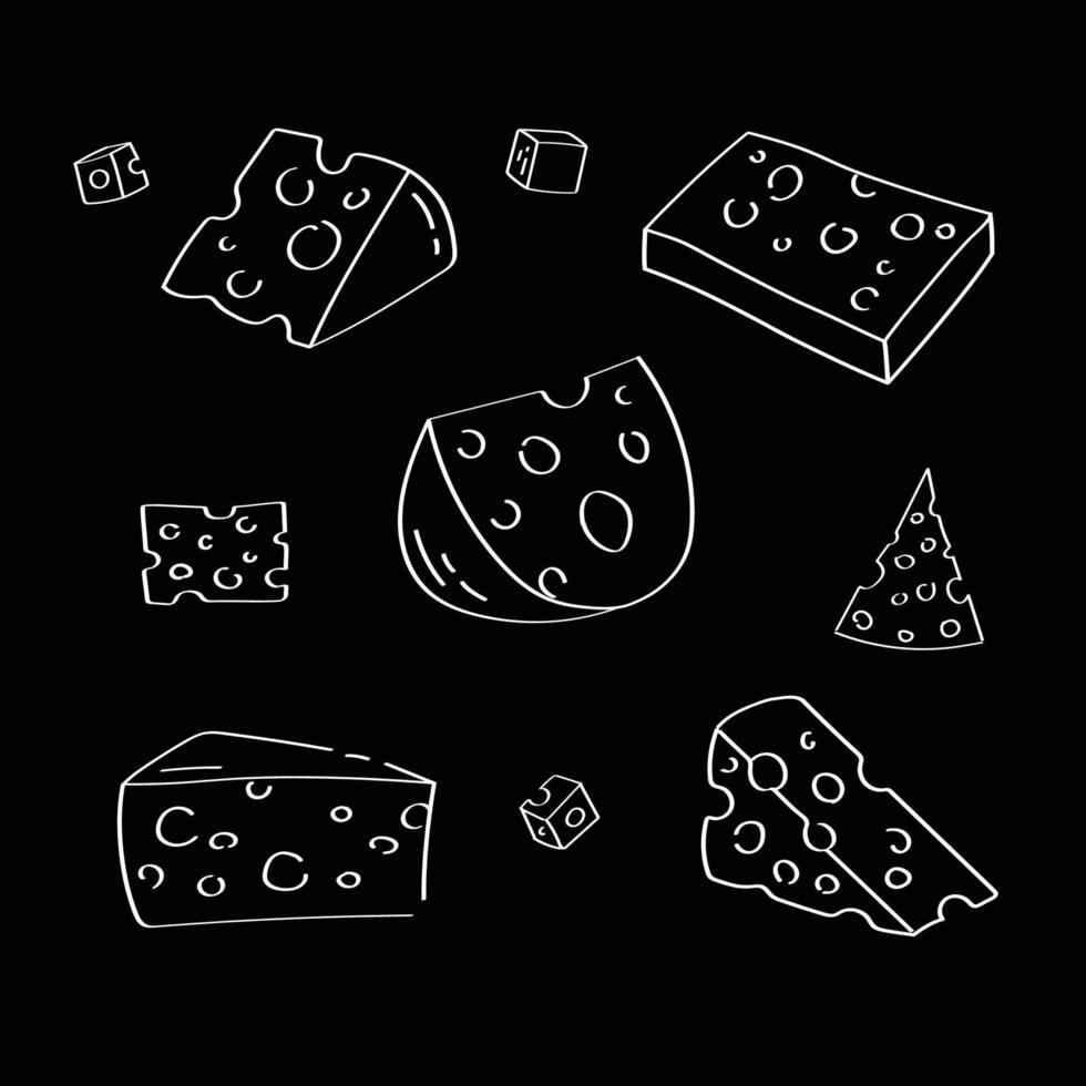 Set of cheeses with holes sketch, hand drawn on black background - Cheese illustration in Doodle style. vector