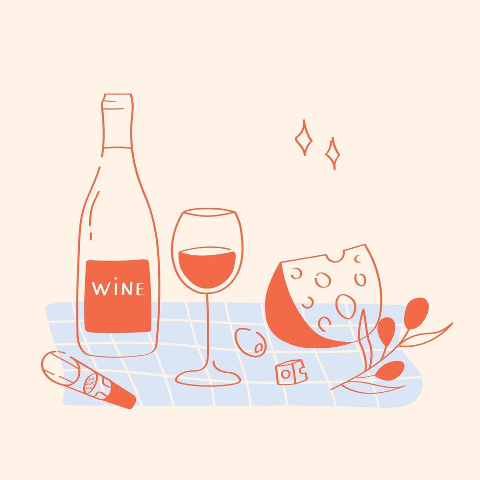 Wine, cheese and olives, sketch, hand drawn illustration in doodle style vector