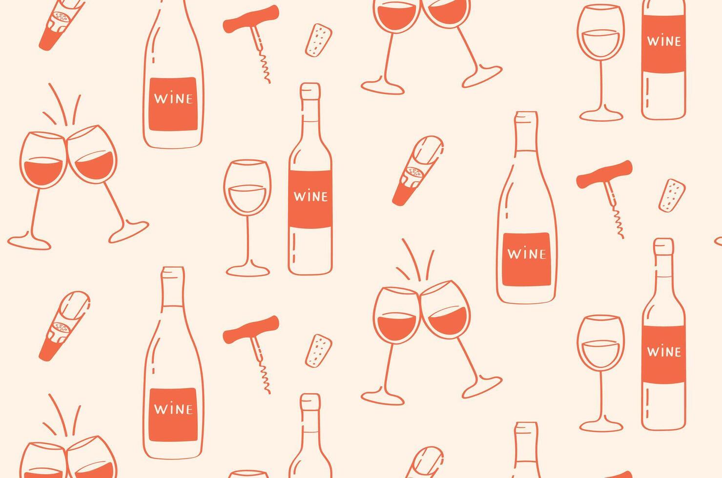 pattern with different shaped wine bottles, glasses, hand corkscrew, corks and wine aerator vector