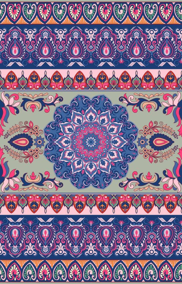 Mandala pattern with floral borders, luxurious bohemian fabric patterns, mandala and floral art, traditional ethnic patterns, decorative Indian folk art. vector