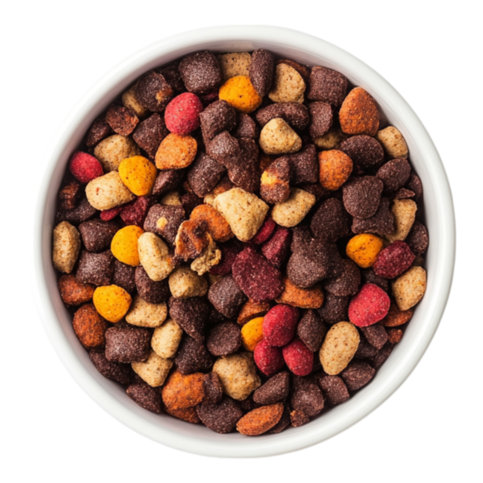 Colorful Dry Pet Food Kibble in Bowl Top View dog cat red meal diet feed brown tasty snack treat png
