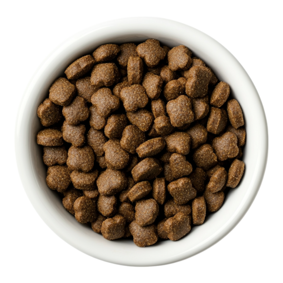 Brown Dry Pet Food Kibble in White Bowl Closeup dog cat top feed meal diet meat view grain snack png