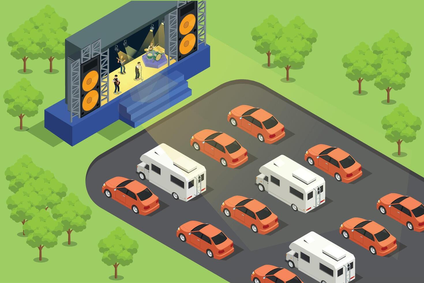Isometric open air music show composition with outdoor parking lot view and cars with screen projecting movie illustration vector