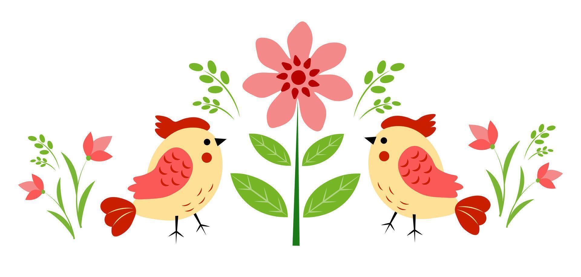 Pattern with cute birds and flowers on a white background. Banner, poster, greeting card vector
