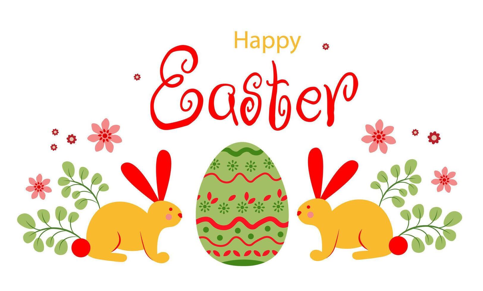 Easter banner with bunnies, eggs and flowers on a white background. Greeting Card vector