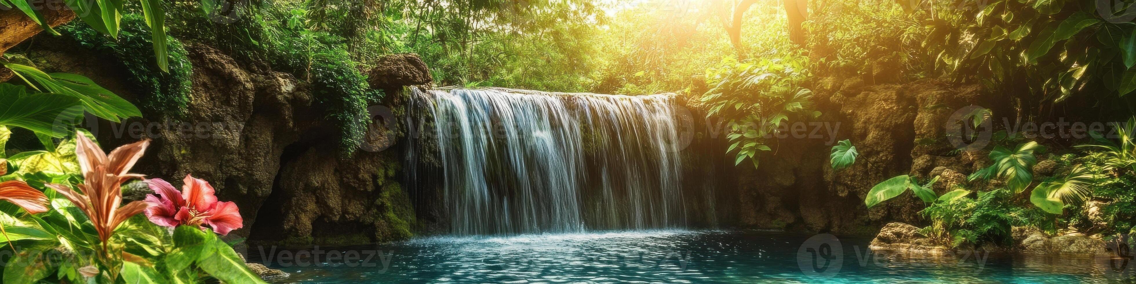 Tranquil tropical waterfall cascading into crystal clear pond in lush jungle environment photo