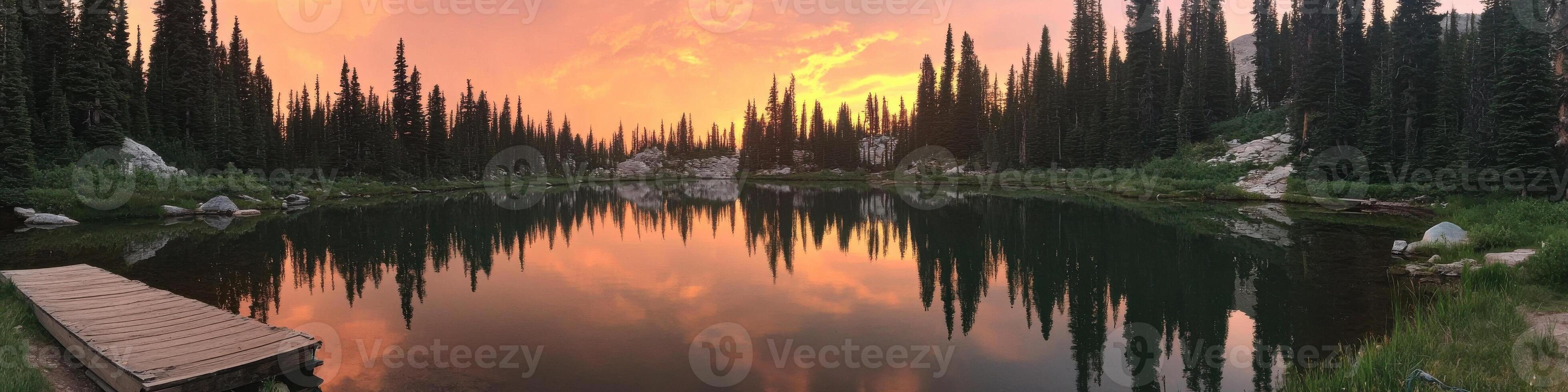 Tranquil sunset over mountain lake with pine forest reflections photo