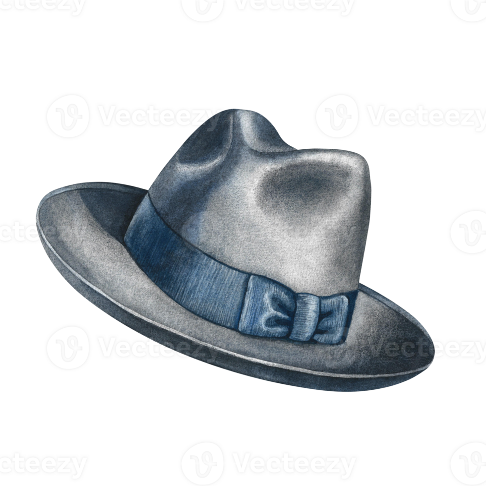 Men's grey hat. Handmade watercolor illustration. A color image of a men's accessory. Separate from the background. Perfect for banners, flyers, packages, labels, invitations, and more. png