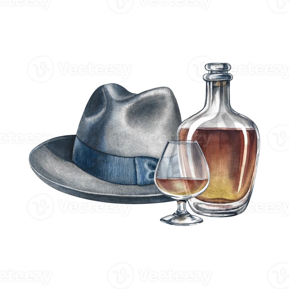 A bottle, a glass of cognac and a man's hat. Handmade watercolor illustration. A color image of an alcoholic beverage. Isolated from the background. For banners, flyers and package, invitation, poster png