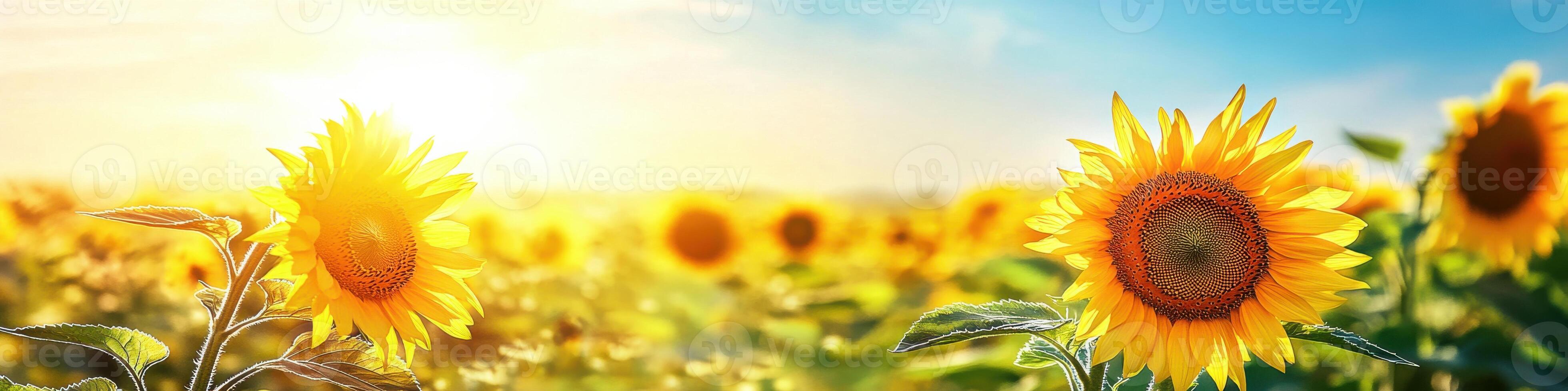 Bright sunflowers in full bloom against a clear blue sky with radiant sunlight photo