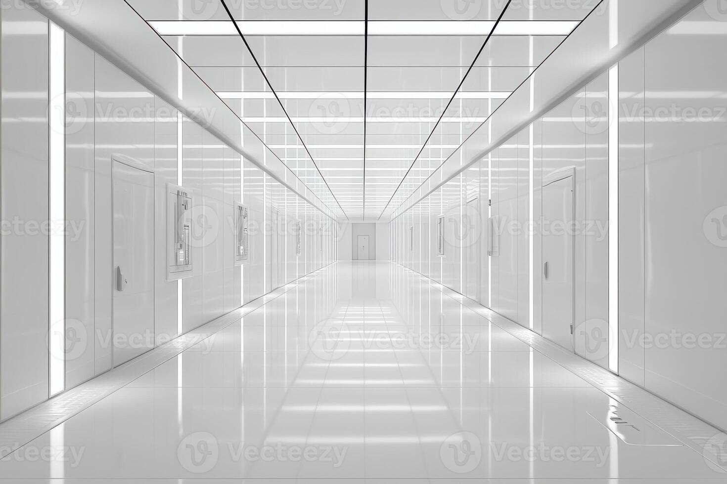 Futuristic white hallway with reflective surfaces and geometric architecture photo