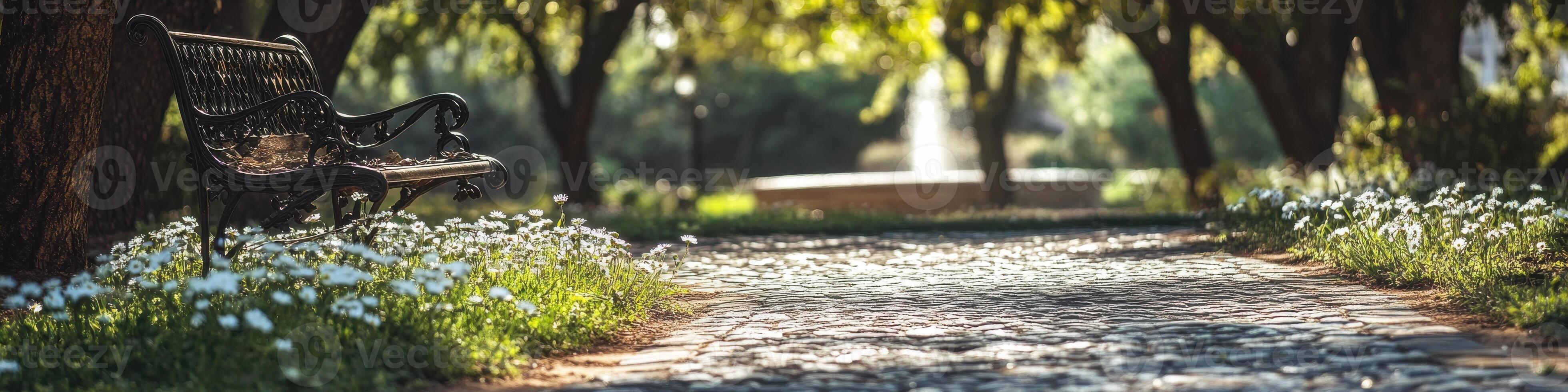 Tranquil pathway in a sunlit park with bench and blooming flowers photo