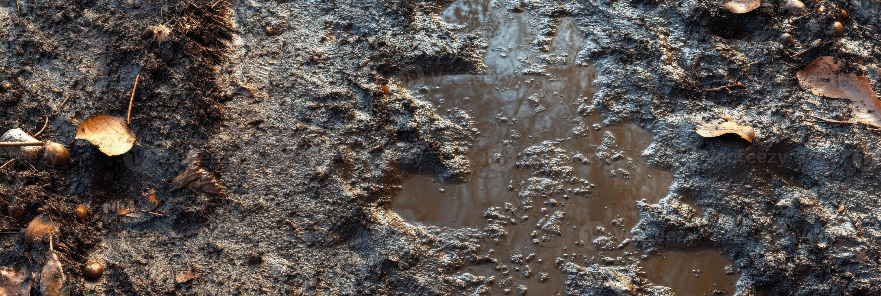 Muddy ground with fallen leaves and water puddles in a forest setting photo
