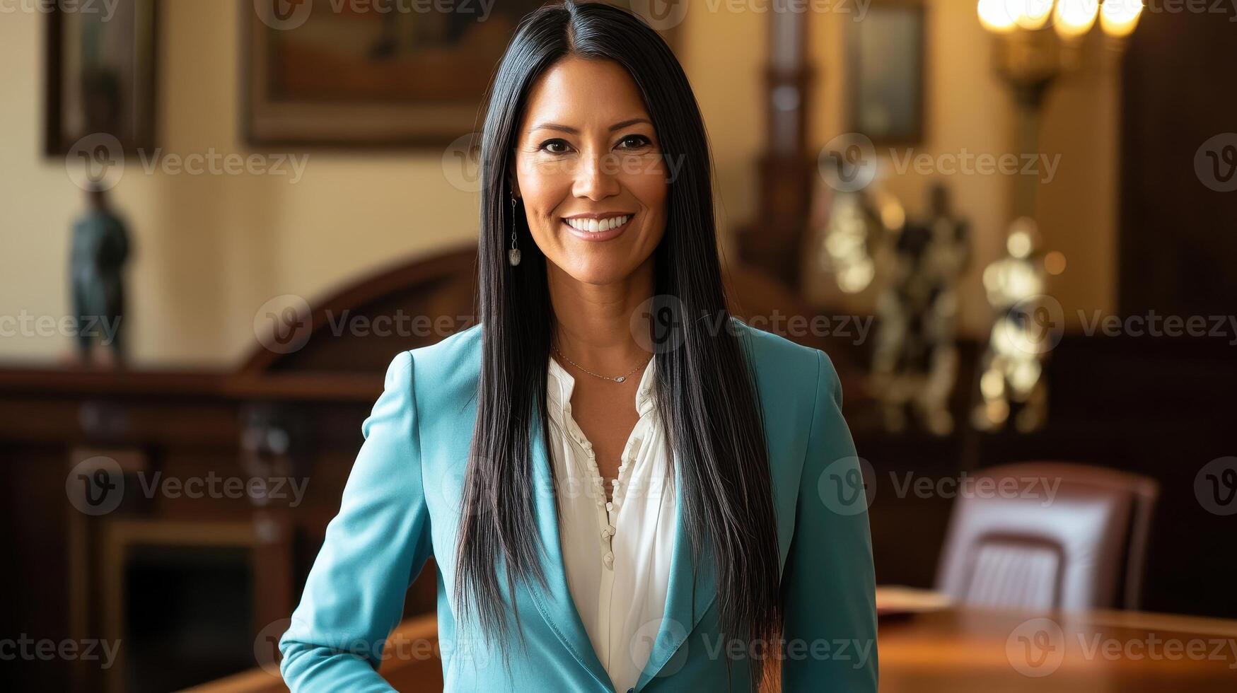 Confident female professional in blue suit smiling in elegant office setting photo