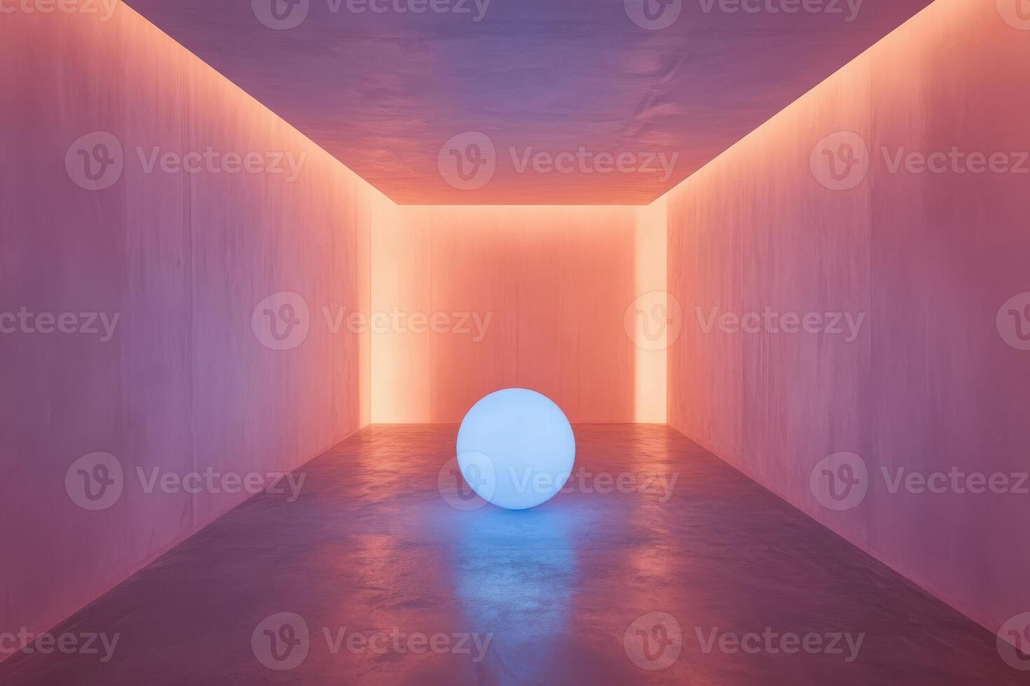 Futuristic room with neon lights and illuminated sphere in centered pink hue photo