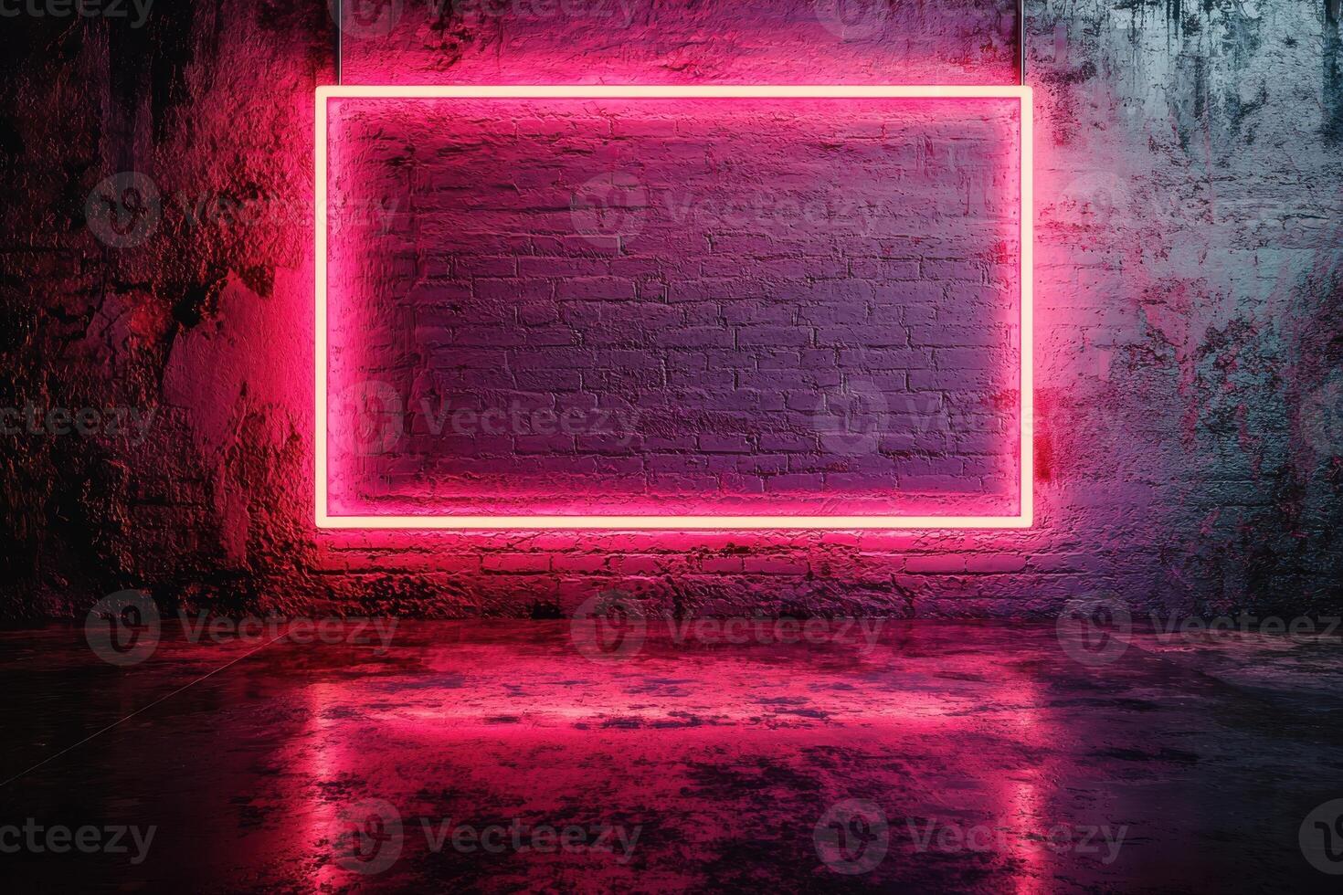 Neon pink square frame on dark background with reflections on wet floor photo