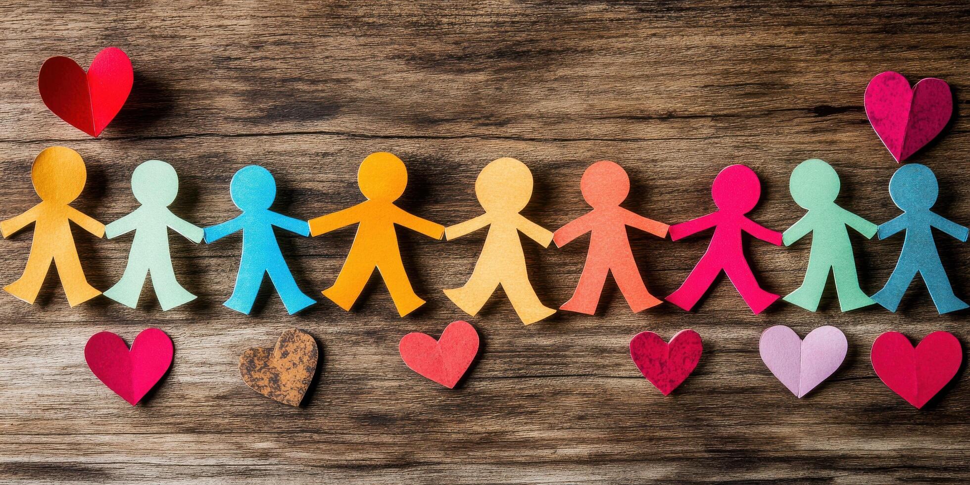 Colorful paper chain people and hearts representing unity and diversity photo