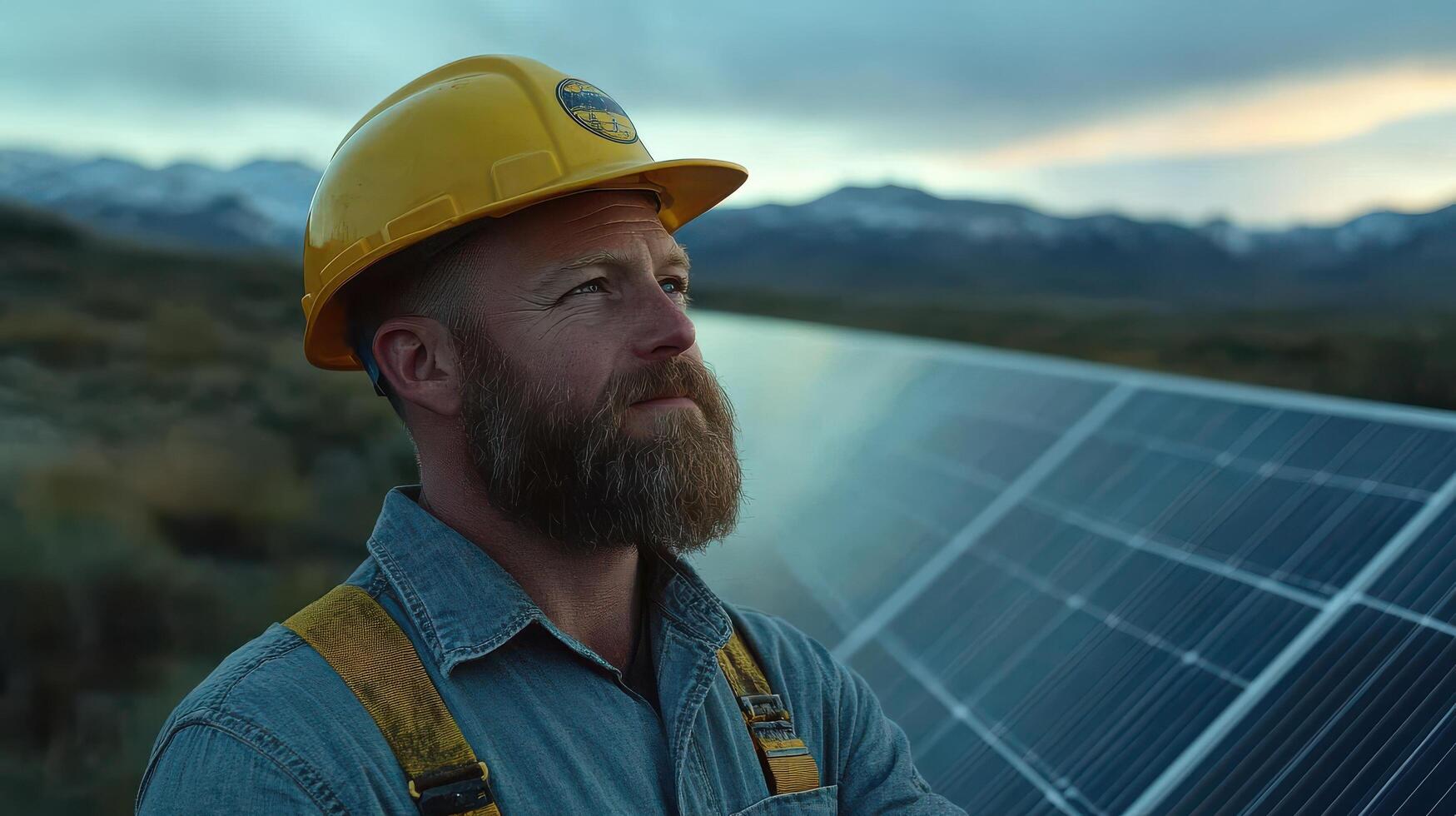 Male engineer with hard hat inspecting solar panel installation outdoors photo